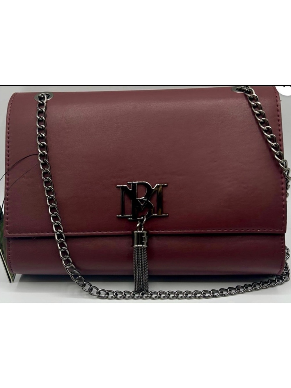NEW! Badgley Mischka Burgundy Metal Fringe Tassel Vegan Leather Crossbody Bag